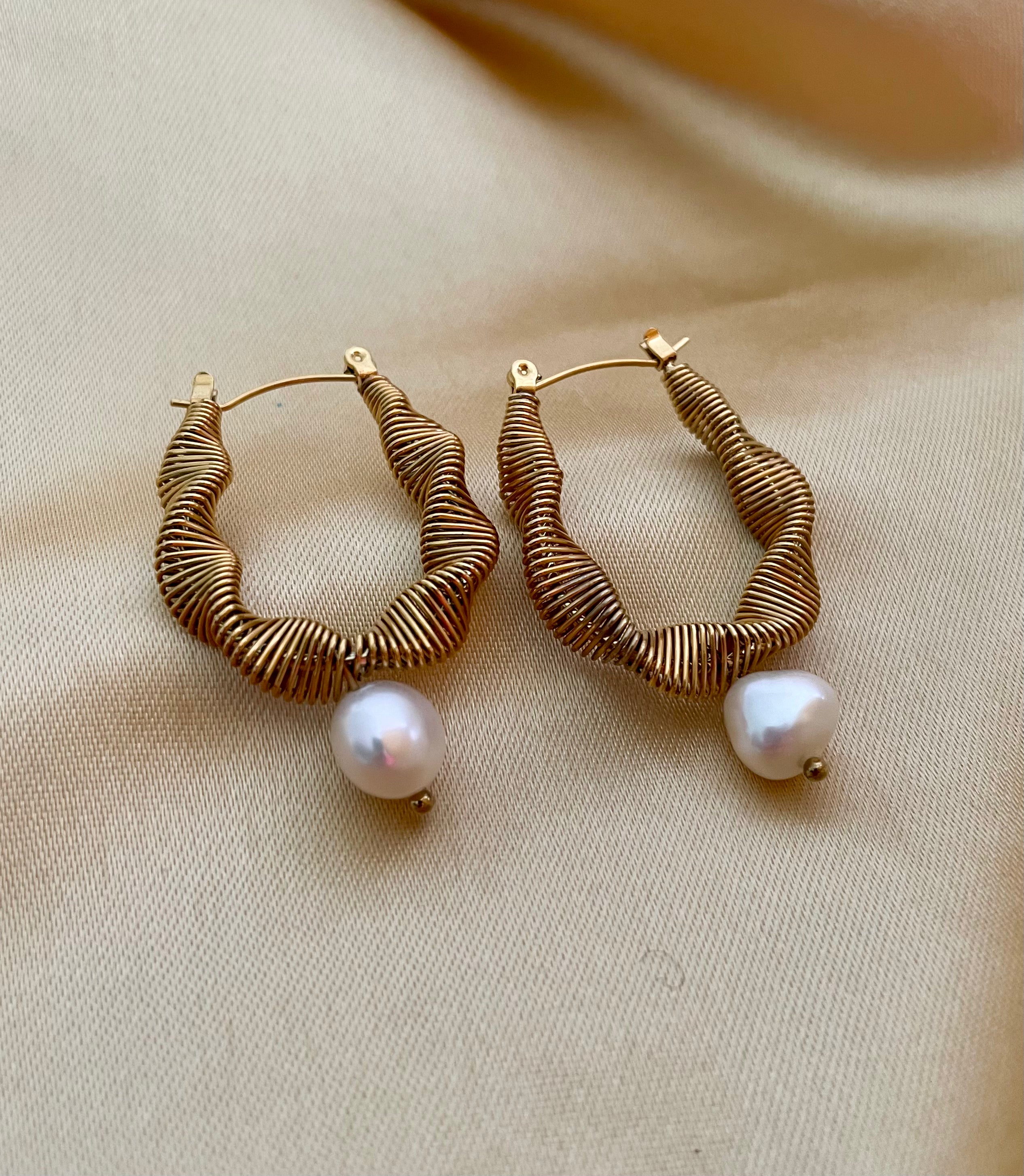 Gold hoop earrings with freshwater pearl drops 