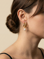 18k gold triple band hoop earrings featuring lustrous white organic pearl drops