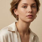 Woman wearing elegant Naya gold drop earrings with champagne pearls. Modern minimalist pearl jewelry styled for a sophisticated everyday or evening look.