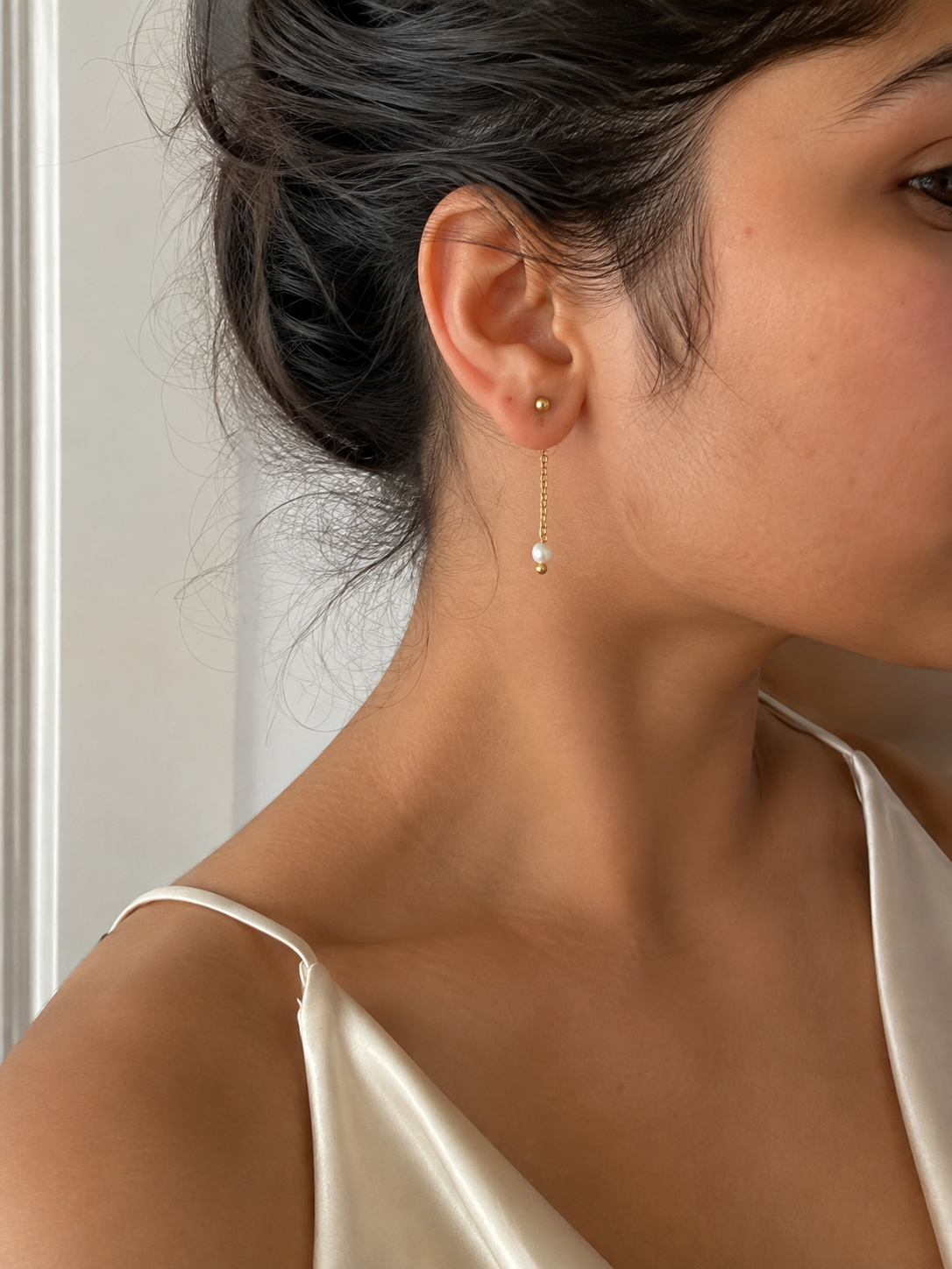 Boucles d'oreilles pendantes deux en un avec perle de culture d'eau douce blanche - Avant-arrière convertibles