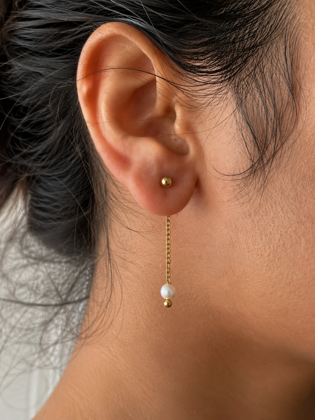 Boucles d'oreilles pendantes deux en un avec perle de culture d'eau douce blanche - Avant-arrière convertibles