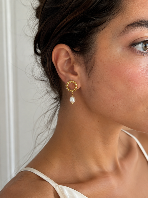 Beaded Baroque Round Pearl Drop Earrings