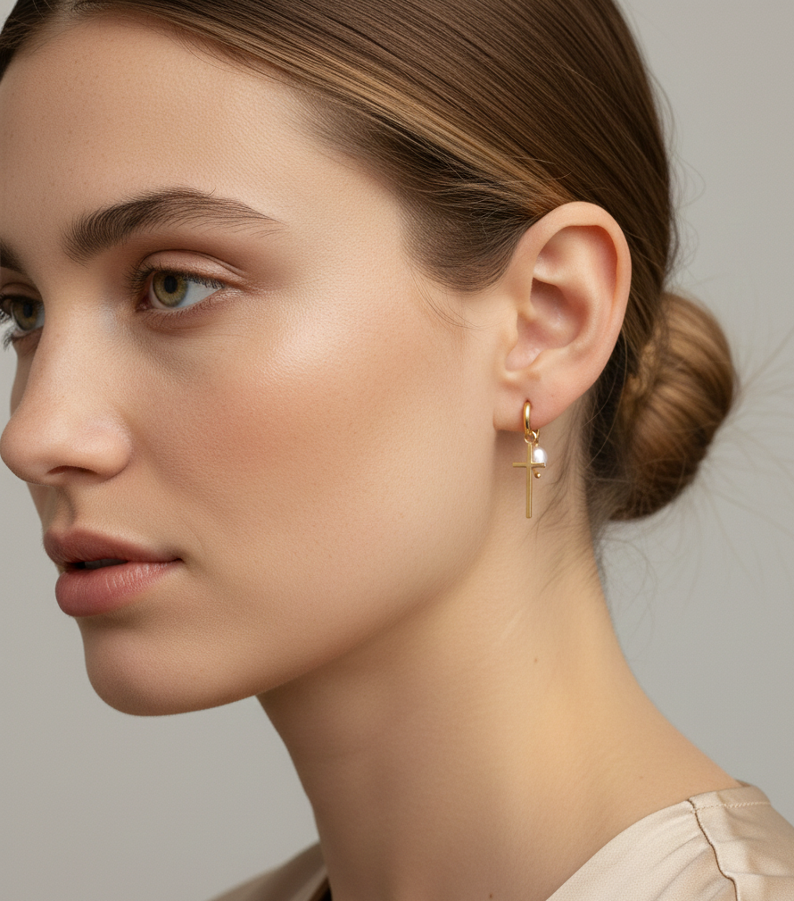 Close-up of a woman wearing gold earrings with a neutral background