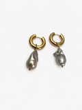 Pair of chunky gold hoop earrings with 2 cm grey baroque freshwater pearl drops
