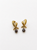 Pair of sculptural gold cross stud earrings with 6 mm dark baroque freshwater pearl drops.