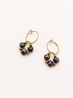 Angled view of gold hoop earrings with organic dark baroque freshwater pearls and polished gold beads
