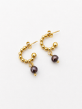 Pair of beaded gold huggie earrings with 6 mm dark coffee-grey baroque freshwater pearl drops