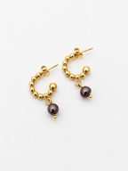 Pair of beaded gold huggie earrings with 6 mm dark coffee-grey baroque freshwater pearl drops