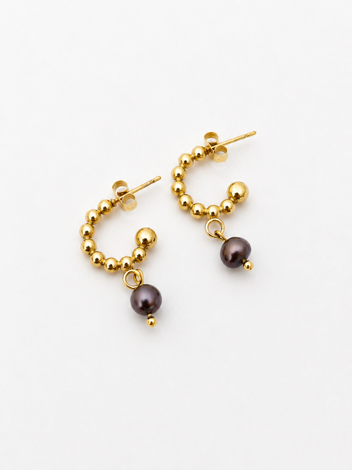 Pair of beaded gold huggie earrings with 6 mm dark coffee-grey baroque freshwater pearl drops