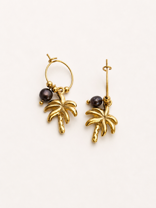Pair of gold coconut tree vacation coastal  drop earrings with 4 mm dark grey round freshwater pearls.