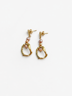 Pair of organic gold droplet earrings with 4 mm gold and pink baroque freshwater pearl accents