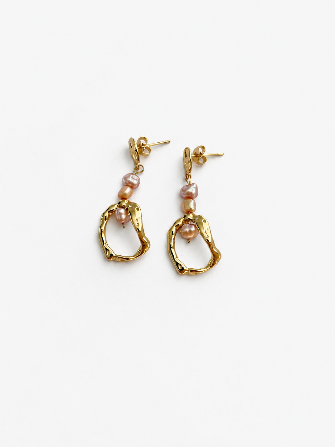 Pair of organic gold droplet earrings with 4 mm gold and pink baroque freshwater pearl accents