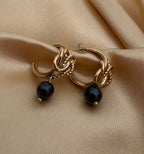 Luxury gold knot hoop earrings with round black pearl drop