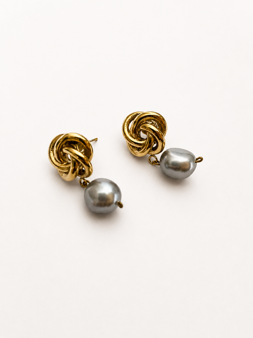 Pair of gold Celtic knot drop earrings with 10 mm grey baroque freshwater pearl drops.