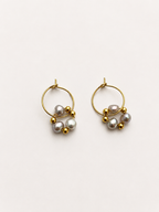 Pair of gold hoop earrings with 4 mm grey baroque freshwater pearl clusters and polished gold beads