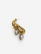 Pair of sculptural gold droplet earrings with 10 mm grey baroque freshwater pearl drops.