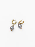Pair of gold hoop earrings with 10 mm grey baroque freshwater pearl drops