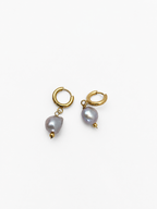 Pair of gold hoop earrings with 10 mm grey baroque freshwater pearl drops