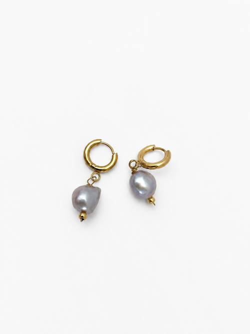 Pair of gold hoop earrings with 10 mm grey baroque freshwater pearl drops