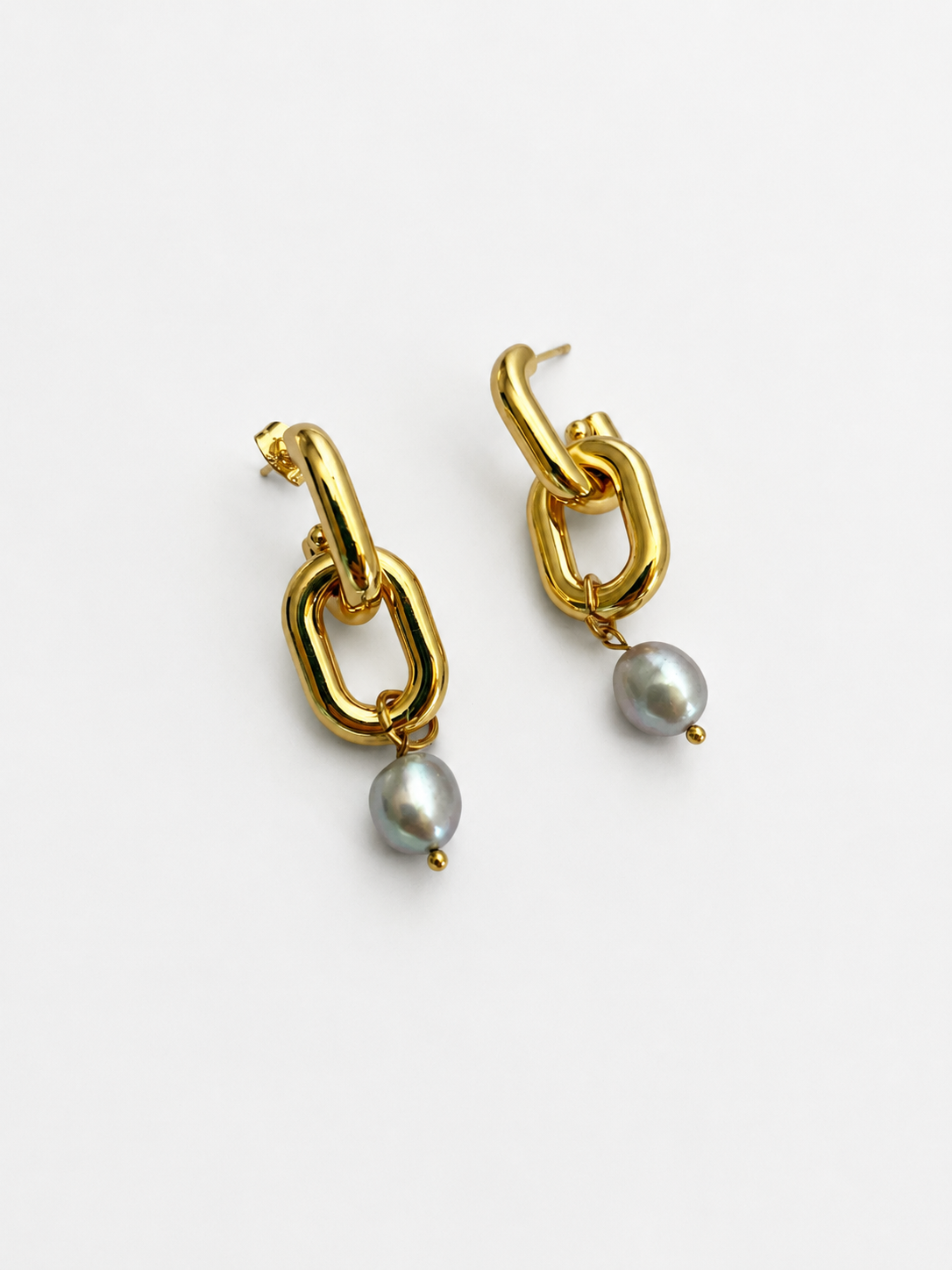 Pair of gold link drop earrings with 10 mm grey baroque freshwater pearl drops