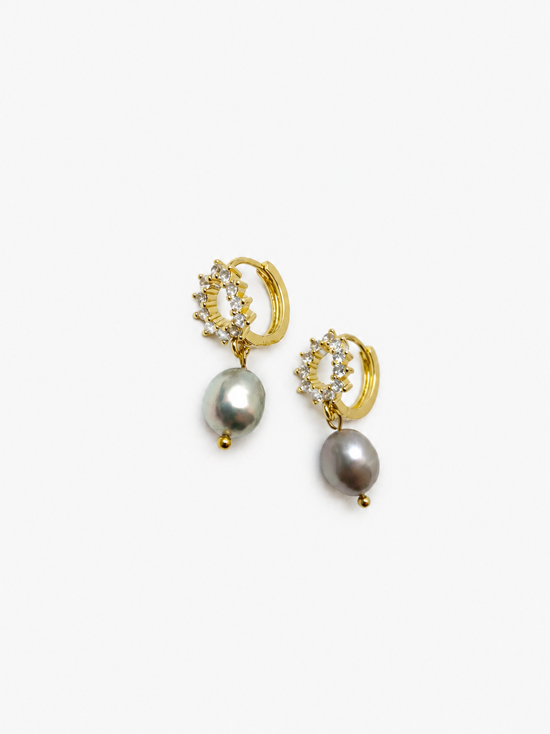 Pair of gold halo drop earrings with 10 mm grey baroque freshwater pearls and clear stone accents