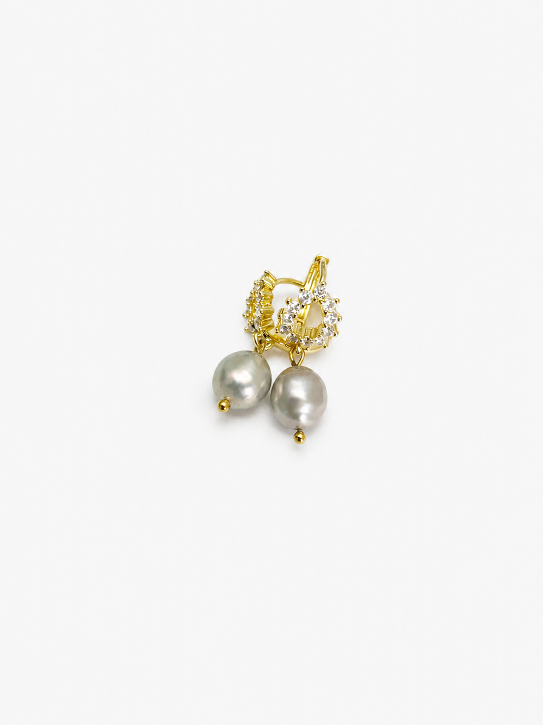 Angled pair of gold halo earrings with organic grey baroque freshwater pearl drops and clear stone settings