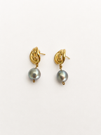 Pair of gold Nordic knot drop earrings with 10 mm grey baroque freshwater pearl drops