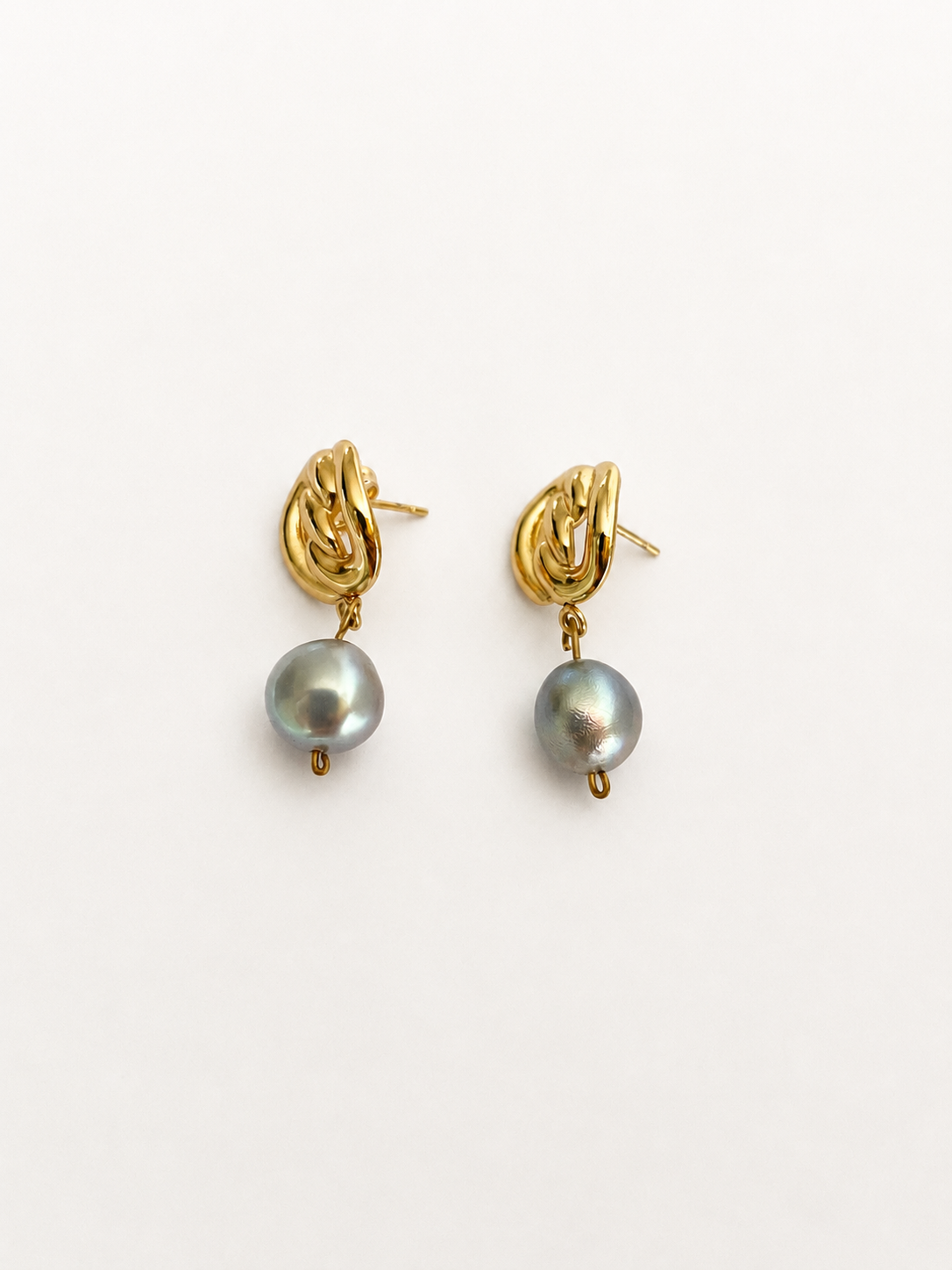 Pair of gold Nordic knot drop earrings with 10 mm grey baroque freshwater pearl drops