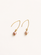 Pair of gold drop earrings with 8 mm natural pink round freshwater pearl pendants