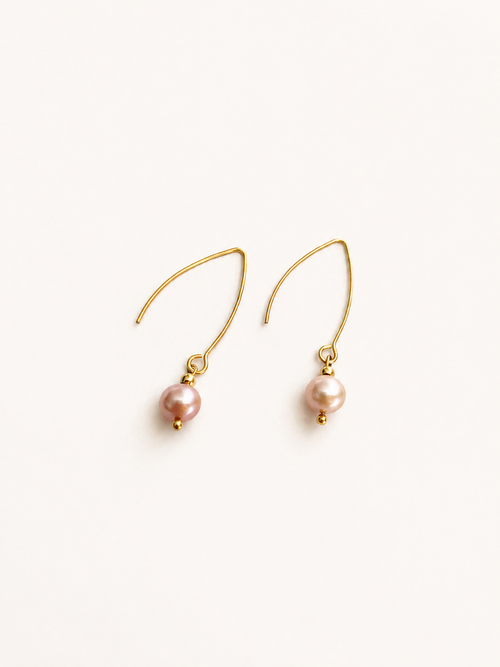 Pair of gold drop earrings with 8 mm natural pink round freshwater pearl pendants