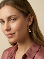 jewelry styling inspiration featuring melted gold texture earrings with pearls. Minimalist bridal jewelry and statement gold hoops for a clean, elegant aesthetic.