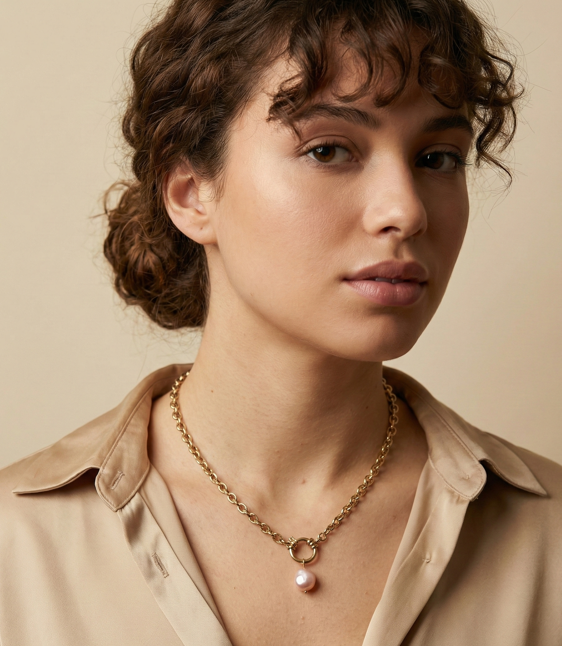 A model with curly brown hair in a bun wearing a beige silk shirt and a Parisian chic gold chain necklace with a pink baroque pearl drop