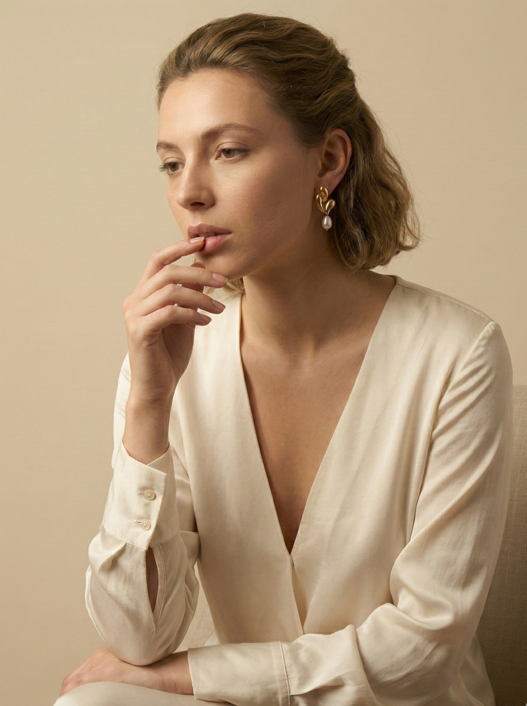 Editorial close-up of a model in a Parisian chic style wearing an ivory silk shirt, posing with her hand gently on her lips in a contemplative look. She is wearing unique, organic-shaped gold earrings featuring lustrous pink oval pearl drops.