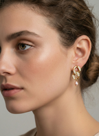 Close-up of a woman wearing gold hoop earrings encrusted with diamonds with pink freshwater pearls