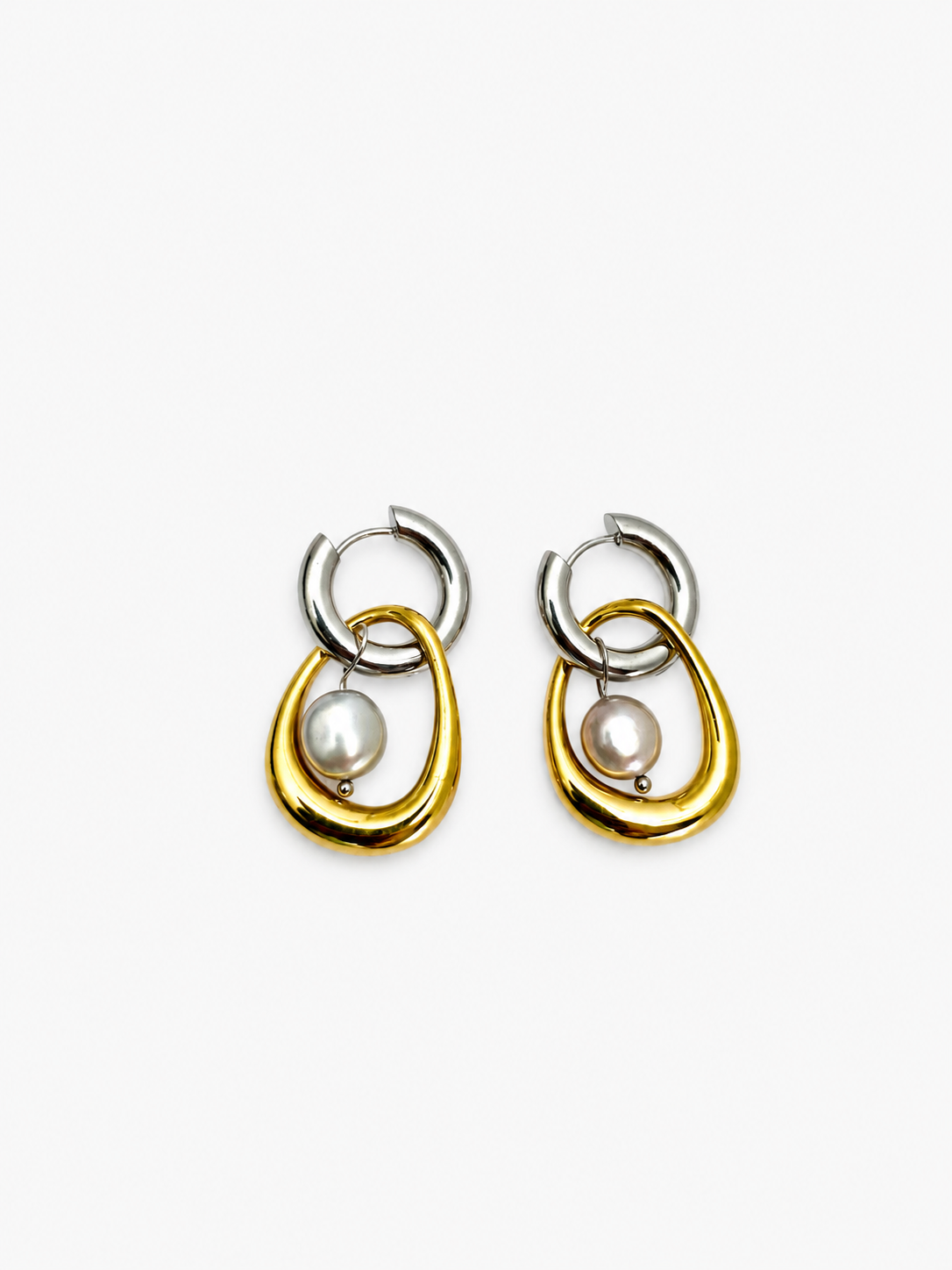 Pair of two-tone gold and silver hoop earrings with 10 mm grey baroque freshwater pearl drops.