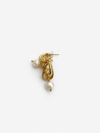 Pair of sculptural gold droplet earrings with 10 mm white baroque freshwater pearl drops.