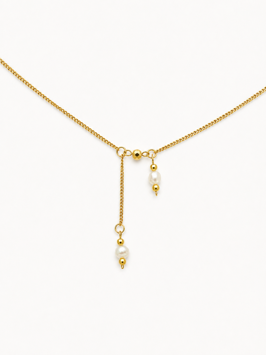 Gold necklace with two 4 mm white baroque freshwater pearl pendants suspended at contrasting lengths