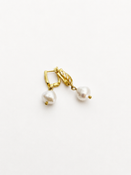 Pair of gold drop earrings with 10 mm white baroque freshwater pearl pendants.