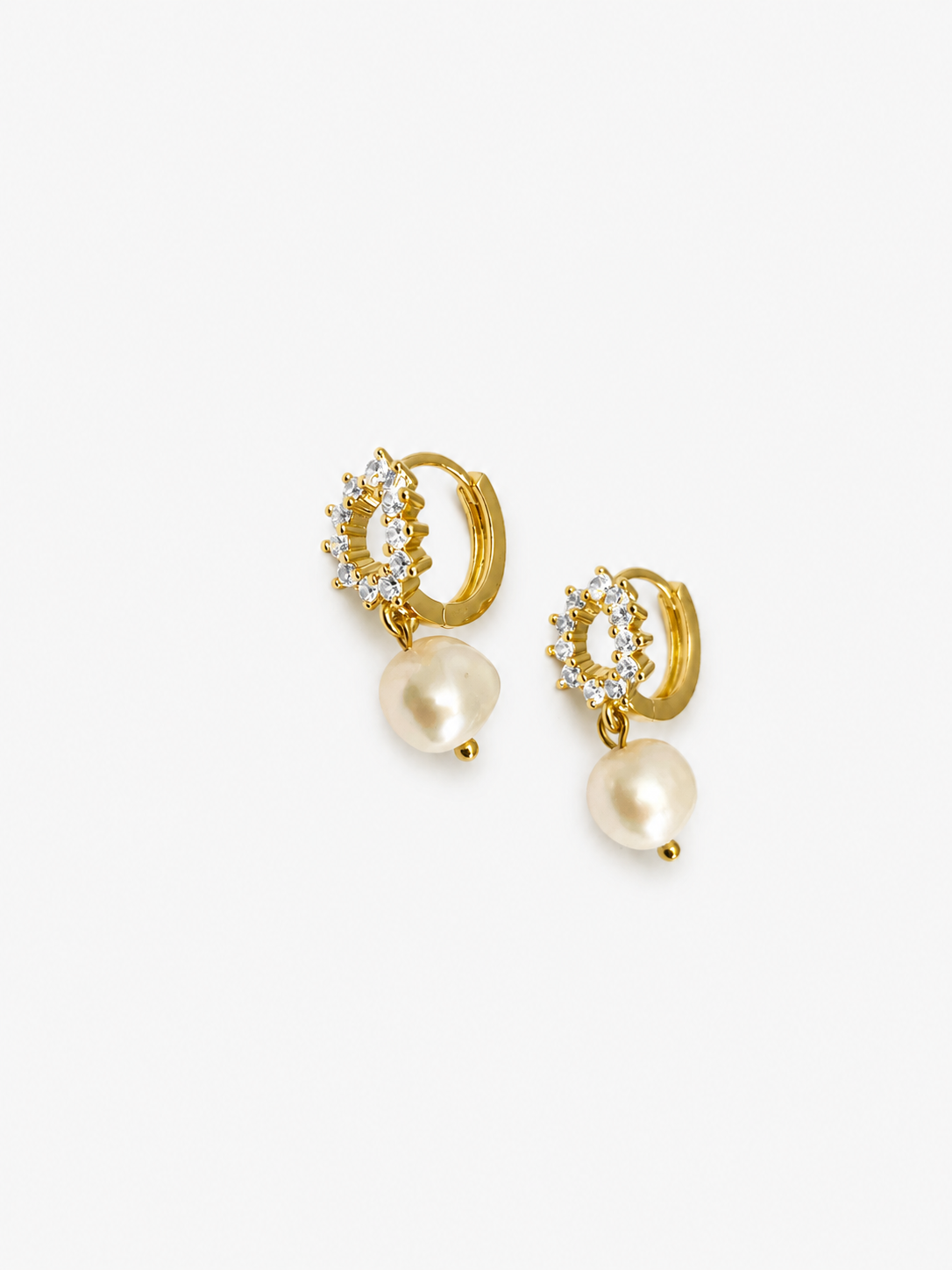 Pair of gold halo drop earrings with 10 mm white baroque freshwater pearls and clear stone accents
