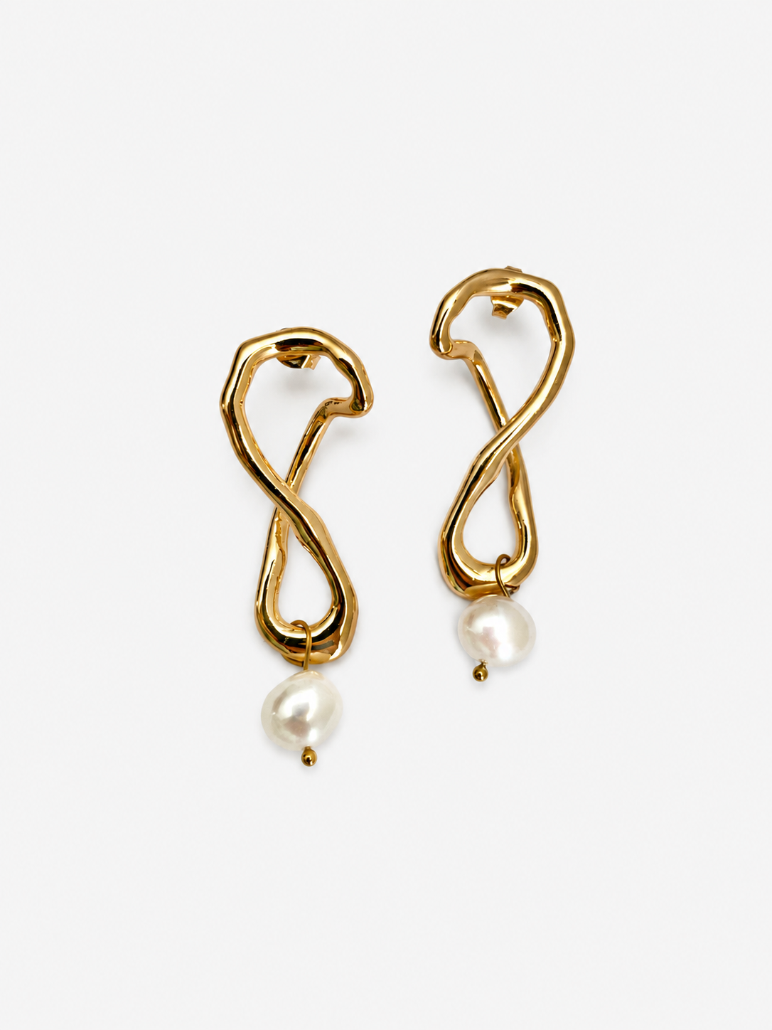 Pair of gold knot drop earrings with organic white baroque freshwater pearl pendants