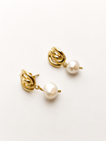 Pair of gold Nordic knot drop earrings with 10 mm white baroque freshwater pearl drops