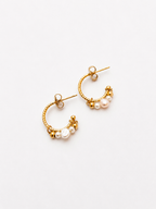 Pair of small gold creole hoop earrings with 4 mm and 2 mm white baroque freshwater pearls