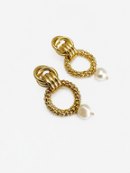 Pair of textured gold double-hoop earrings with 10 mm white baroque freshwater pearl drops