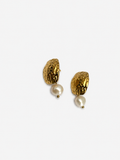 Pair of textured gold drop earrings with 10 mm white baroque freshwater pearls.