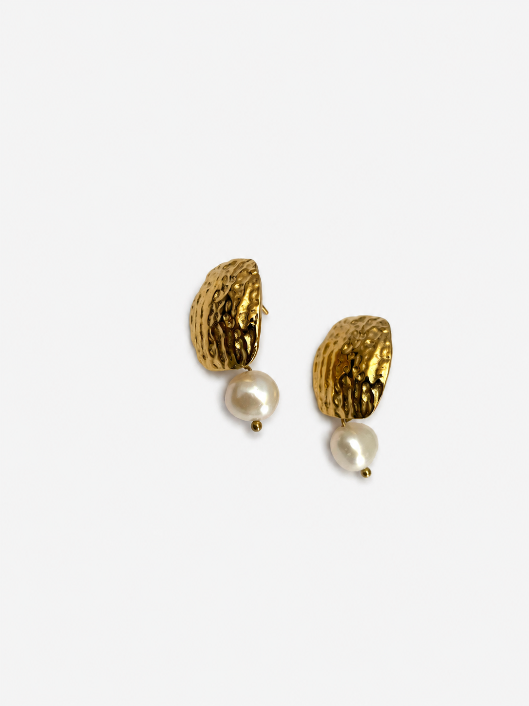 Pair of textured gold drop earrings with 10 mm white baroque freshwater pearls.