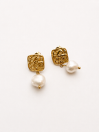 Pair of textured gold square stud earrings with 10 mm white baroque freshwater pearl drops