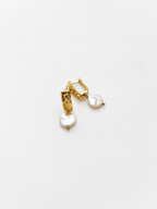 Pair of textured gold rectangle drop earrings with 10 mm white freshwater coin pearls.