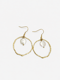 Pair of textured gold hoop earrings with 10 mm white freshwater coin pearl drops