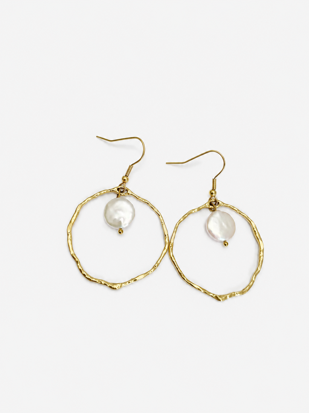 Pair of textured gold hoop earrings with 10 mm white freshwater coin pearl drops