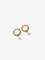 Pair of small textured gold creole hoop earrings with 4 mm white baroque freshwater pearl drops